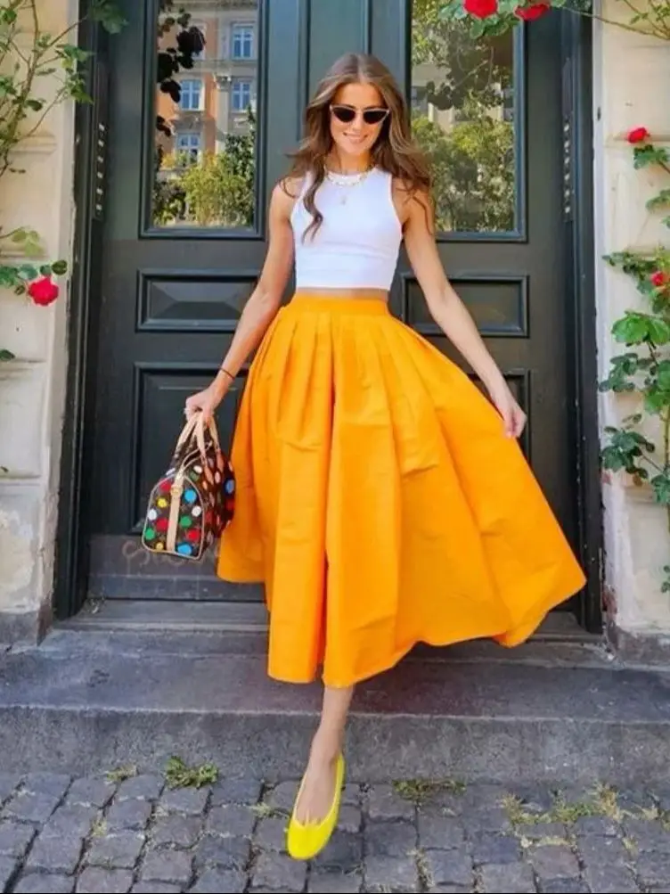 Orange Satin Women Maxi Skirt Without Top Custom Made Dance Wedding Skirt Ankle Length Autuam Lady Skirt