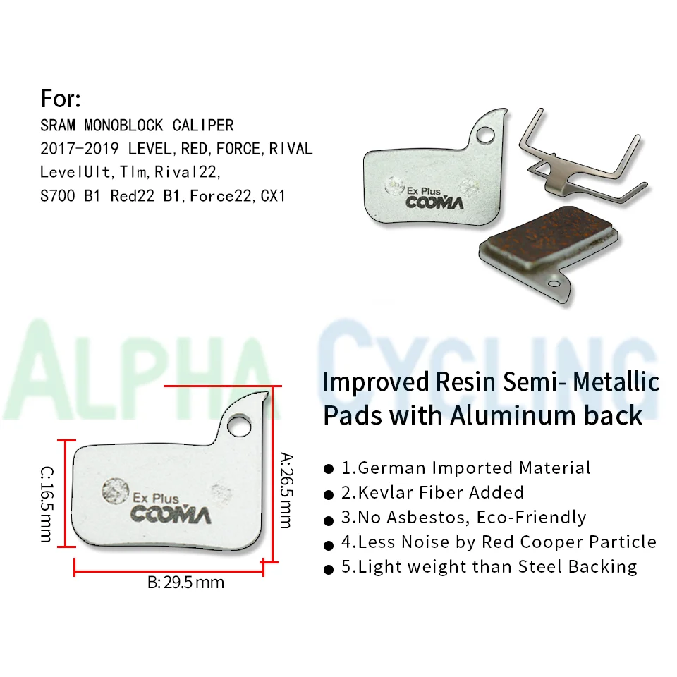 4 Pairs Ex Plus Bicycle Disc Brake Pads For SRAM Red 22 B1, Force 22, CX1, Rival 22, S700 B1, Alu-Alloy Improved Resin