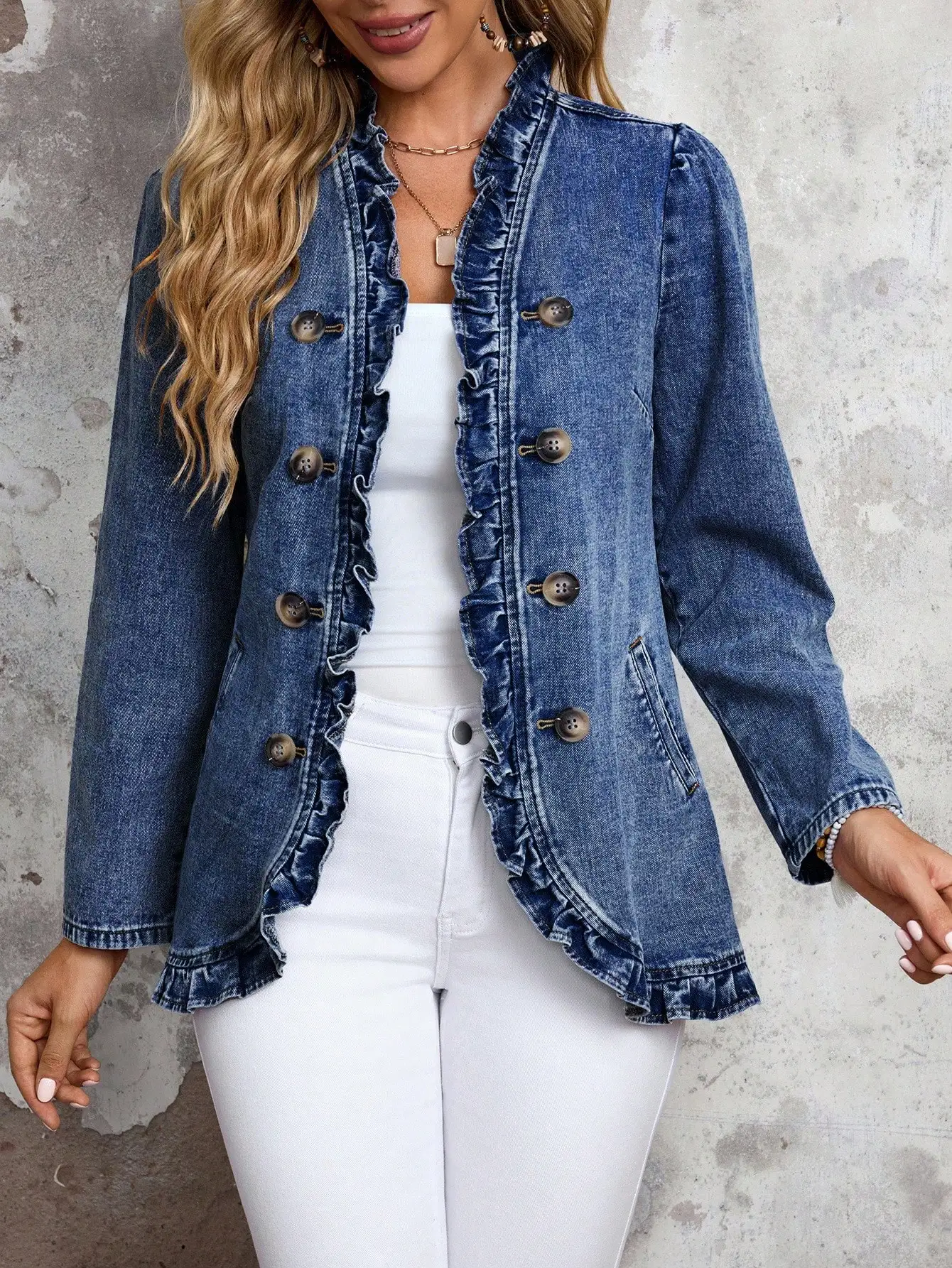 

Винтажная джинсовая куртка с рюшами и двойными пуговицами для женщин, повседневная верхняя одежда с длинными рукавами