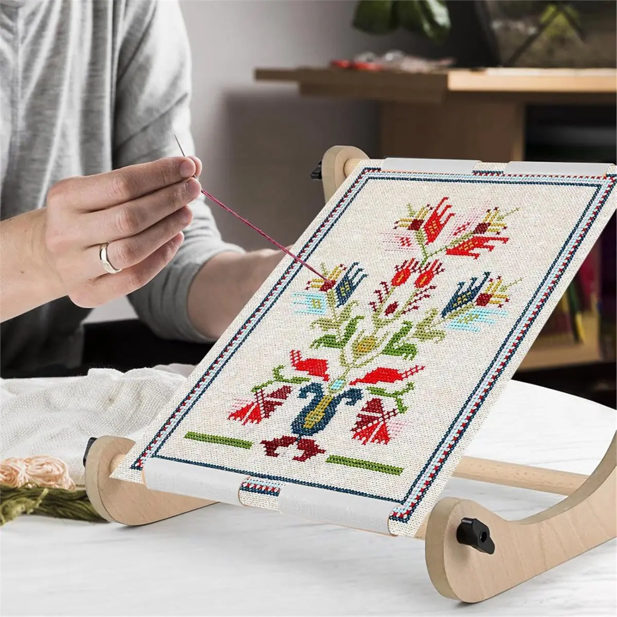 Embroidery Table Stand - Adjustable Hoop Stand, Wood Embroidery Hoop Stand for Lap or Table