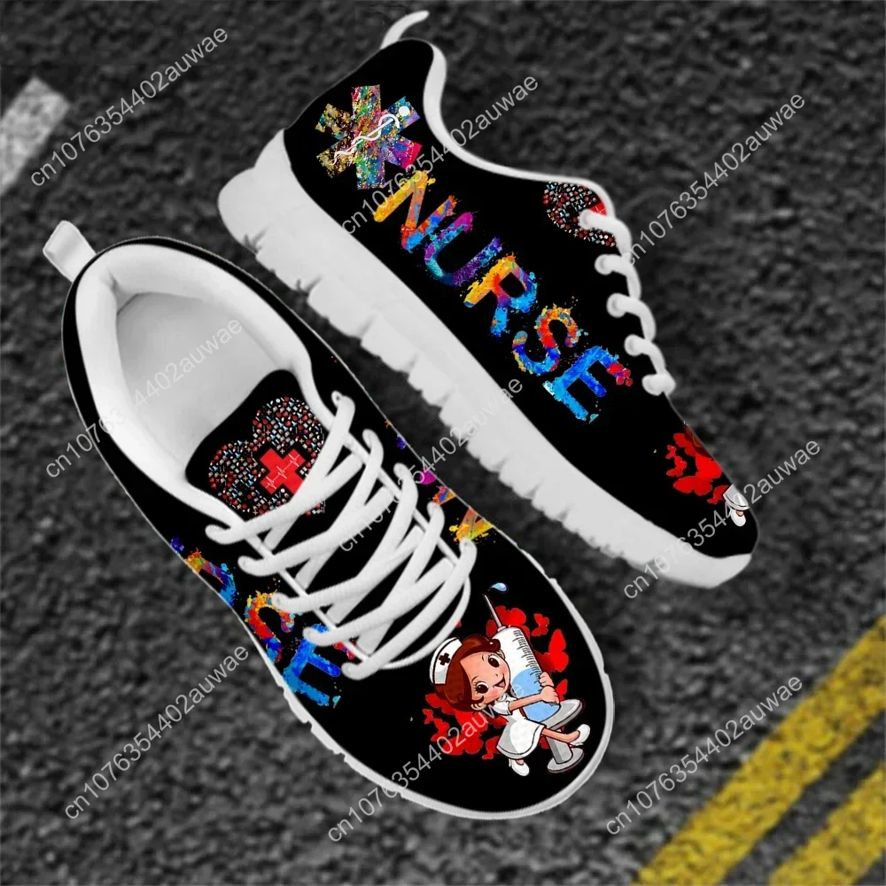 Cute Hospital Cartoon Nurse  Pattern Sneakers Shoes For Women Breathable Lace Up Flat Shoes Comfort Zapatillas