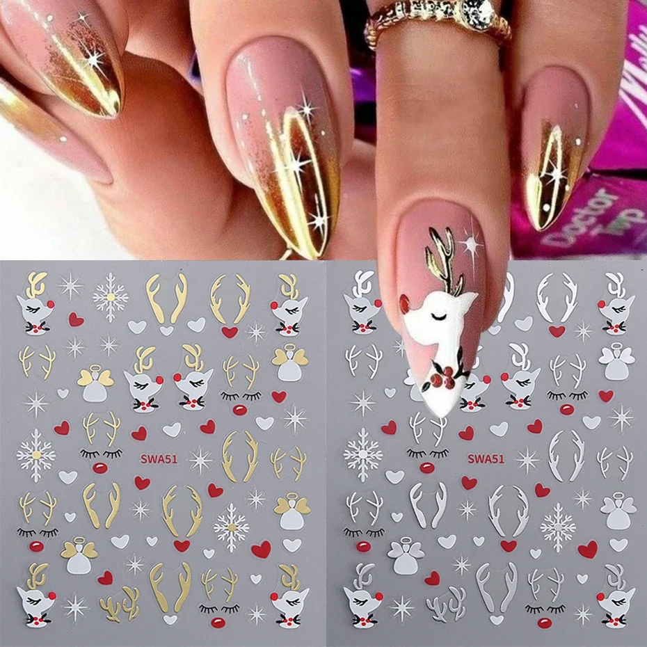 2 stücke 3d Gold Silber Elch Nail Art Aufkleber Cartoon Weihnachten Schneeflocken Aufkleber DIY Stern Herz Nail Art Maniküre Dekoration Abziehbilder