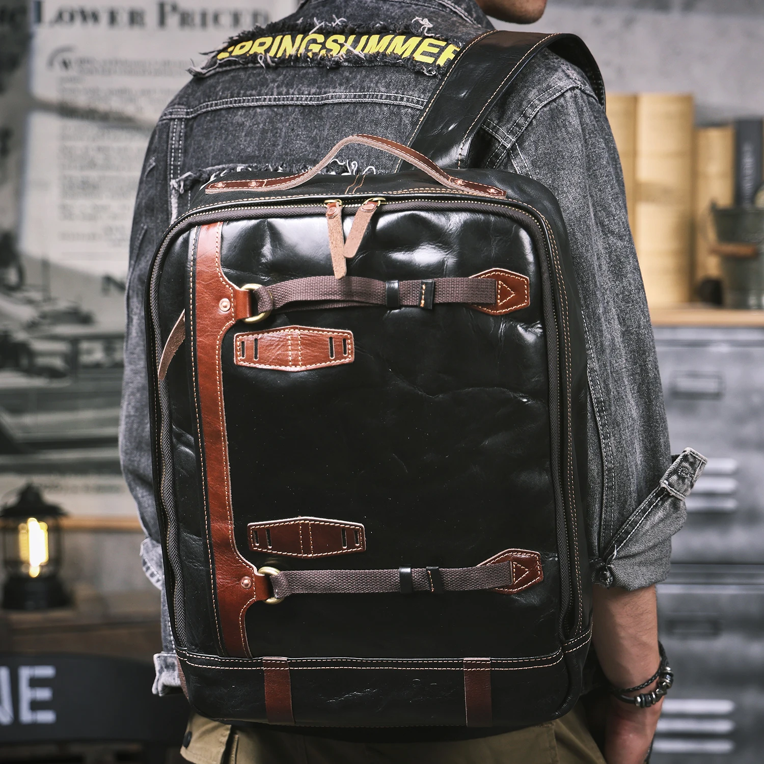 S.WORKER Lässiger Rucksack aus echtem Rindsleder für Herren, 16-Zoll-Laptop-Rucksack, Tagesrucksack mit großer Kapazität, Reisetasche, Schultasche – Detail 5