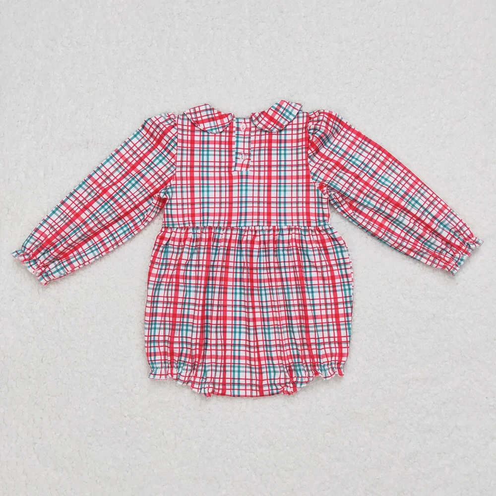 Baby Girl Plaid Embroidery One Piece Newborn Toddler Romper Kids Children Long Sleeves Infant Christmas Santa Smocked Jumpsuit