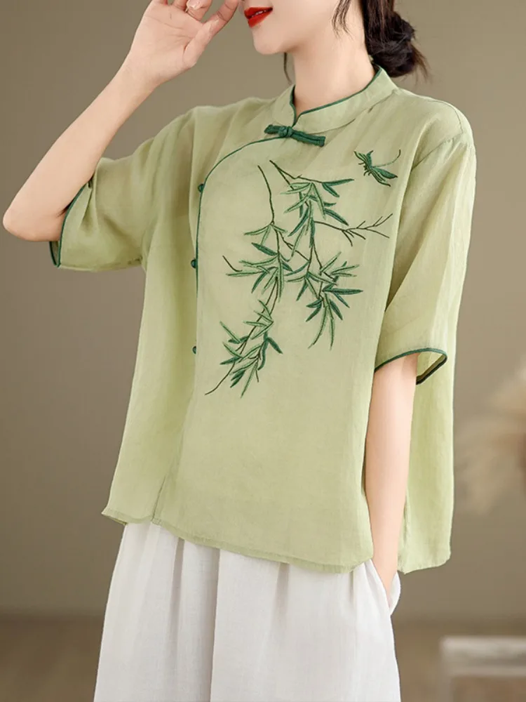 Neue Chinesische Sle Gestickte Button up Baumwolle Leinen irt Frauen Sommer Abnehmen Tussah Seide Bluse Vintage Lose Fit irt