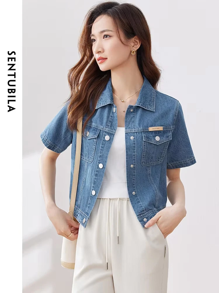 SENTUBILA Crop Denim Jacket for Women 2024 Summer New Short Sleeve Lapel Loose Washed Jean Jacket Short Outwear Tops W32W49665