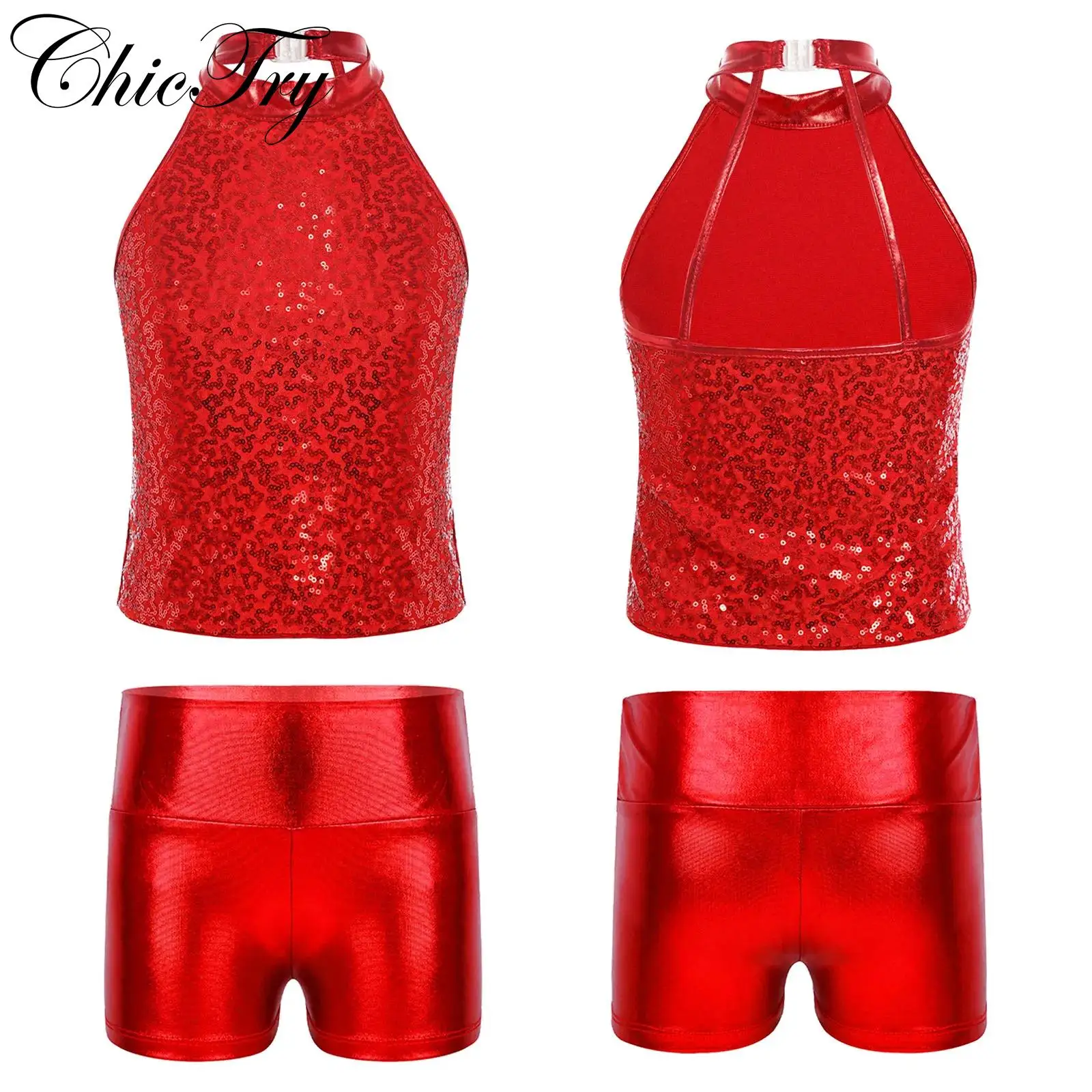 

Kids Girls Ballet Dance Sets Shiny Sequins Halter Crop Top with Metallic Dance Shorts for Latin Jazz Dance Stage Performance