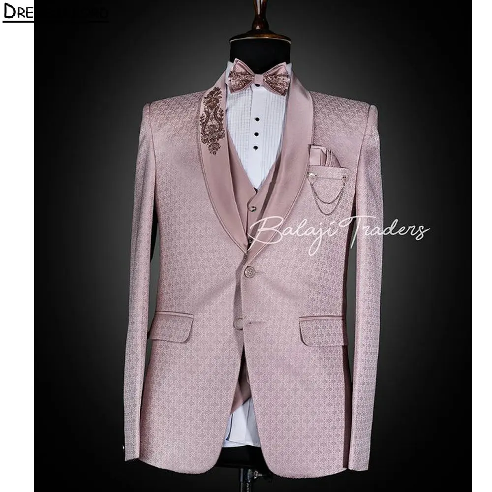 

Pink Jacquard Men Suits For Wedding Groom Tuxedos 3 Pieces Jacket Vest Pants Prom Blazers Customized