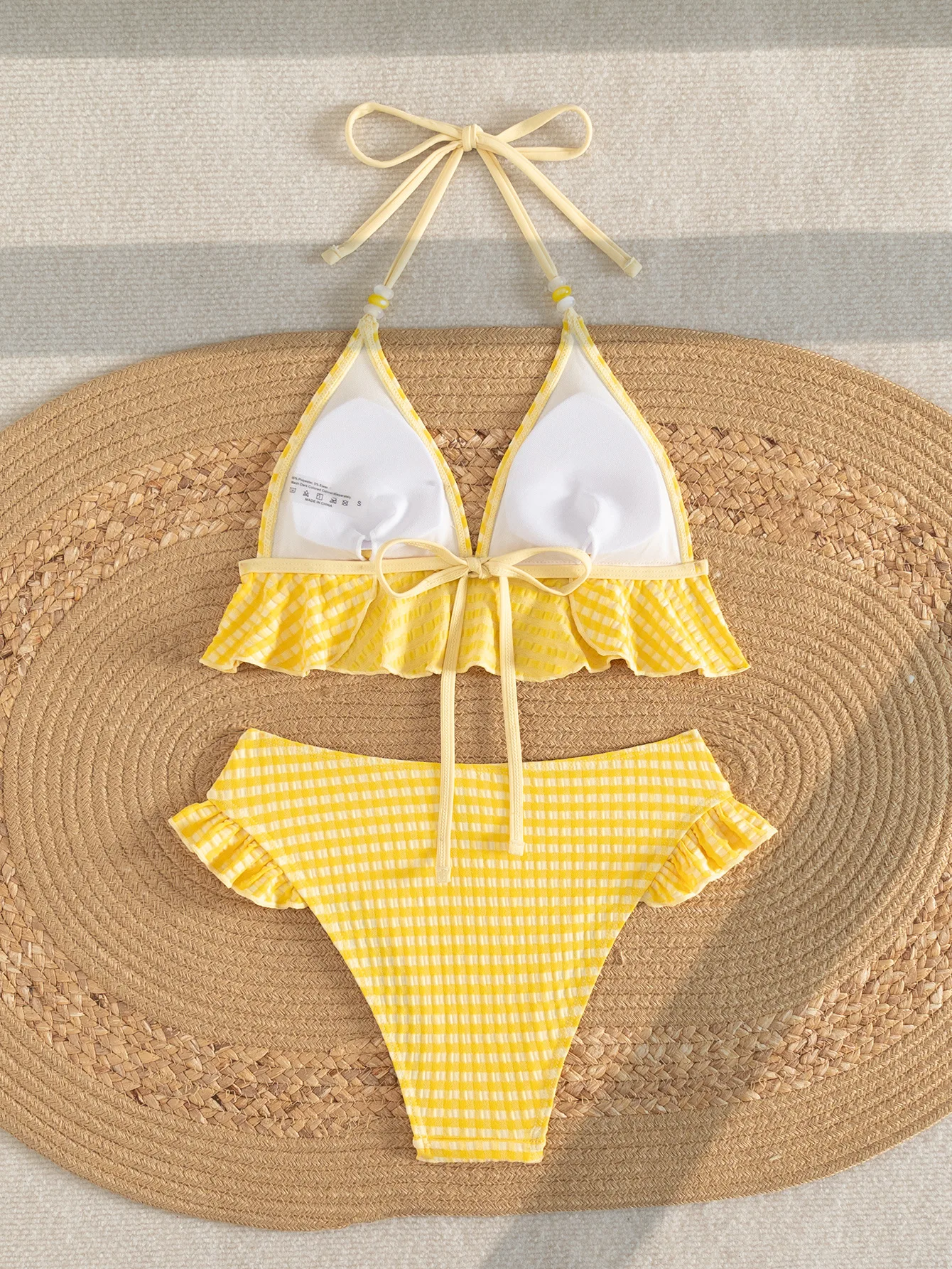 sexy yellow plaid ruffles beads halter vest bikinis sets two pieces thong swimsuits bathing suit swimwear biquini tankini
