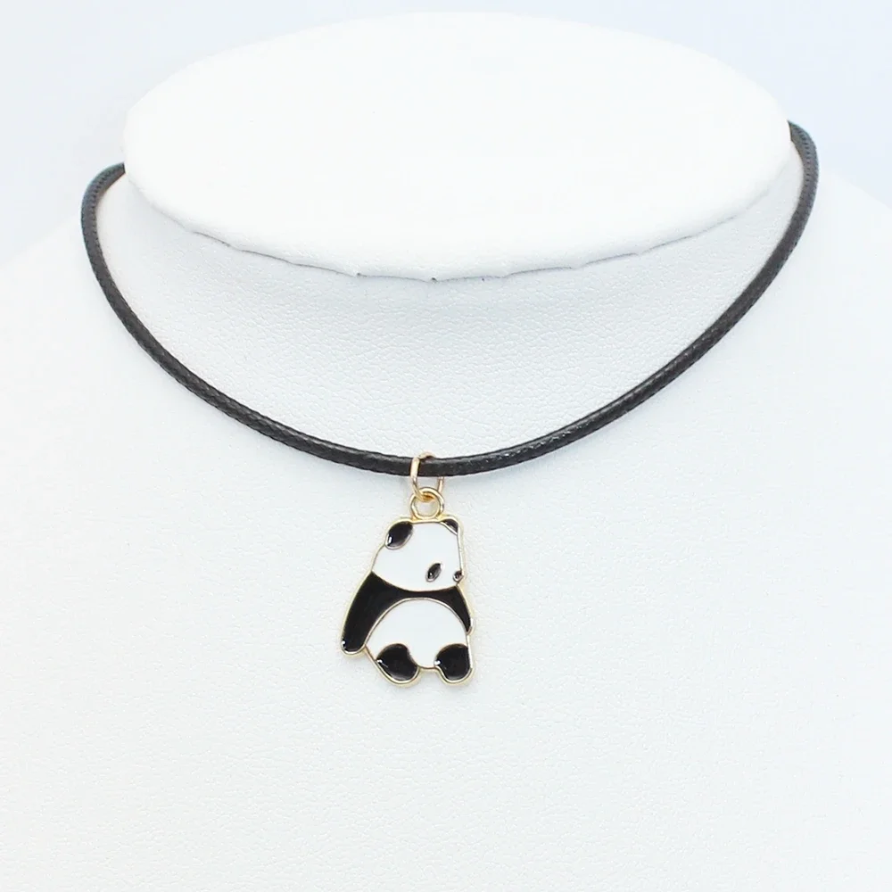 Goth Panda Short Animal Pendant Choker Chain Necklace for Women Black Leather Braid Wax Cord Halloween Jewelry Accessories