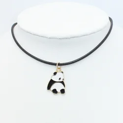 Goth Panda Short Animal Pendant Choker Chain Necklace for Women Black Leather Braid Wax Cord Halloween Jewelry Accessories