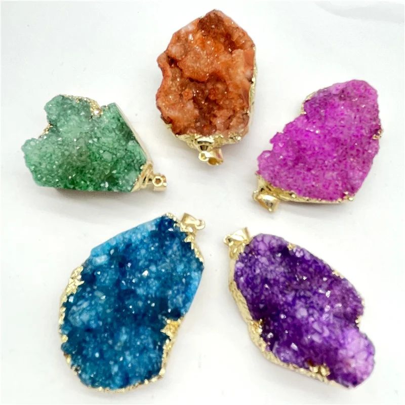 

Natural Gem Stone Quartz Irregular Shape Color Plating Inlaid With Crystal Tooth Pendant For DIY Jewelry Making Necklace 6Pcs