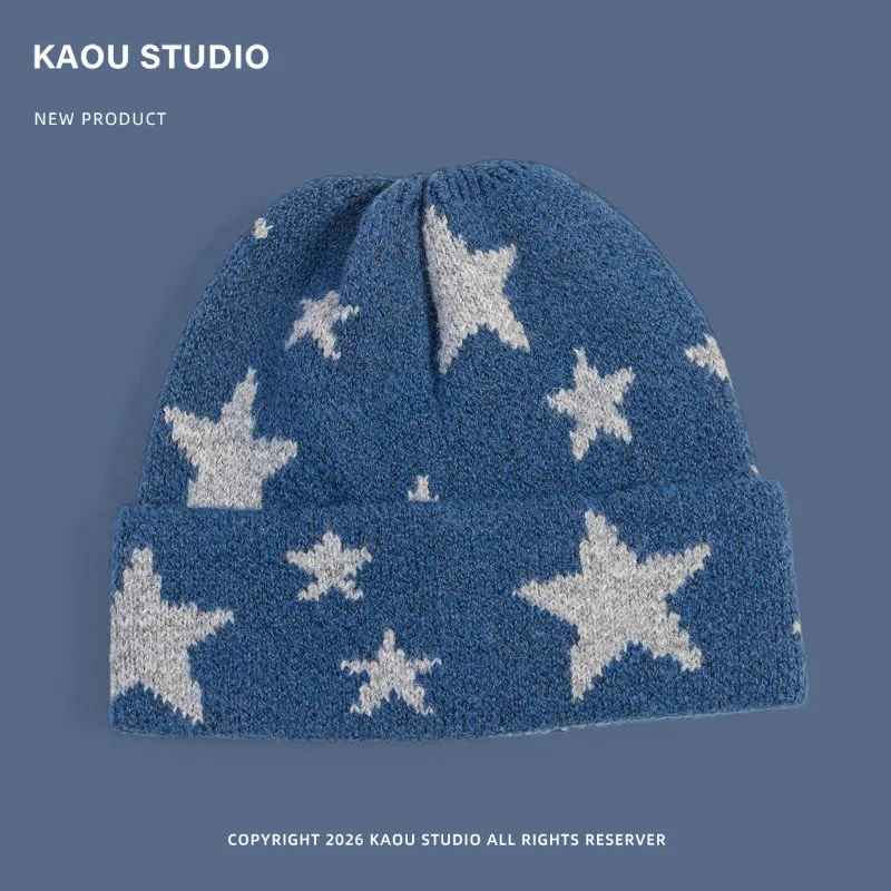 Vielseitige, trendige Strickmütze mit Sternmuster für Herren und Damen, ideal für Herbst und Winter, warm, für Outdoor-Aktivitäten, Ski- und Reitmütze, auch für größere Kopfumfänge geeignet. – Detail 8