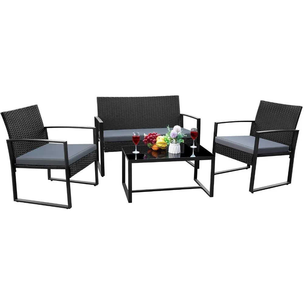 

4-piece outdoor wicker chair set with cushions and dining table, suitable for modern porch furniture