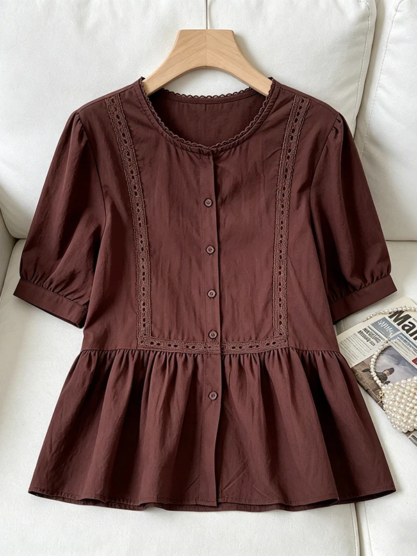 

plus Size Shoulder Length Short Sleeve Shirt Women's Fashionable Belly Covering Doll Shirt Korean Style Commute Wind Shirt