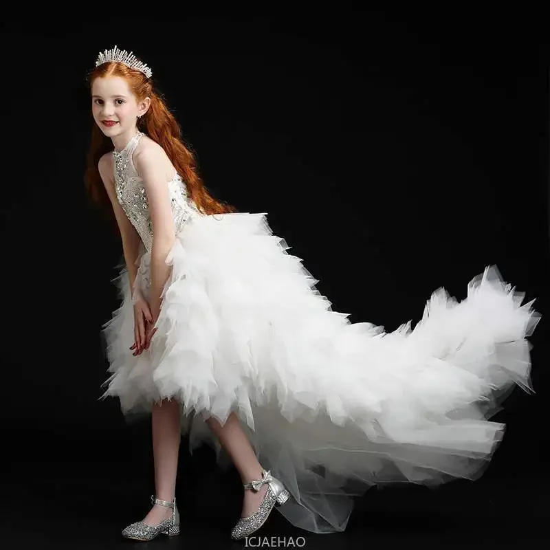 

Party Dress New Kids Evening Princess Gown Train Dreses Pageant Piano Performance Birthday Outfit Costume Children Halter Neck