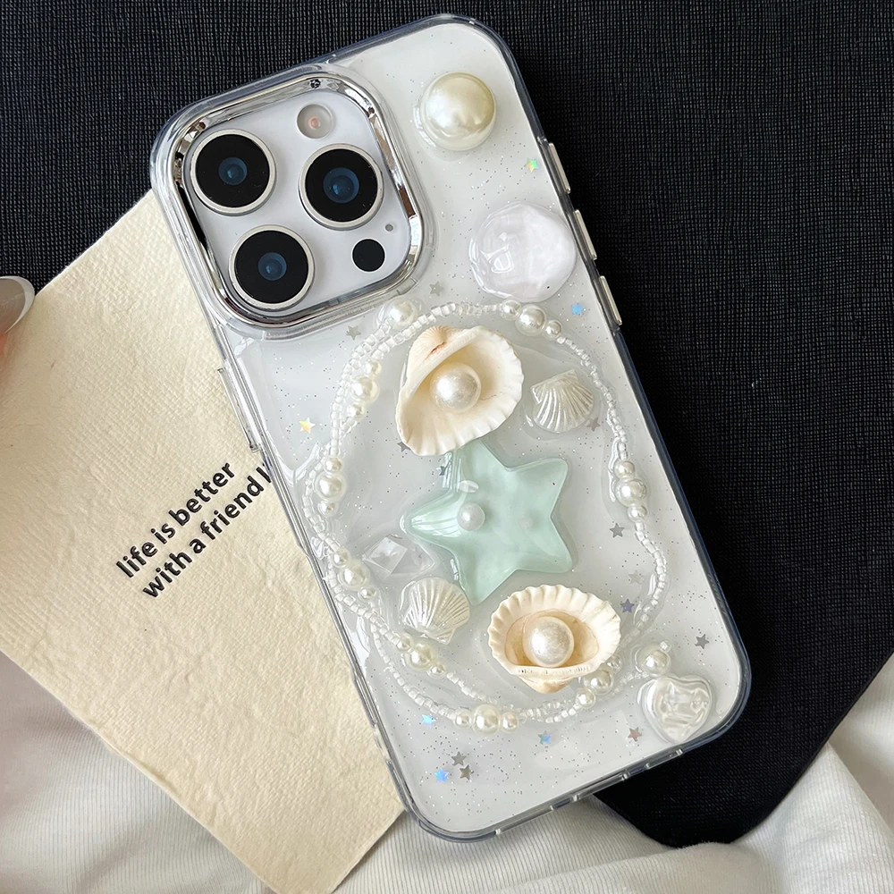 Niedliche 3D-Handyhülle mit Seestern, Schleife und Muschel für iPhone 18 17 16 15 14 13 12 11 Pro Max, glitzernde Pailletten, stoßfeste weiche Silikonhülle – Detail 6