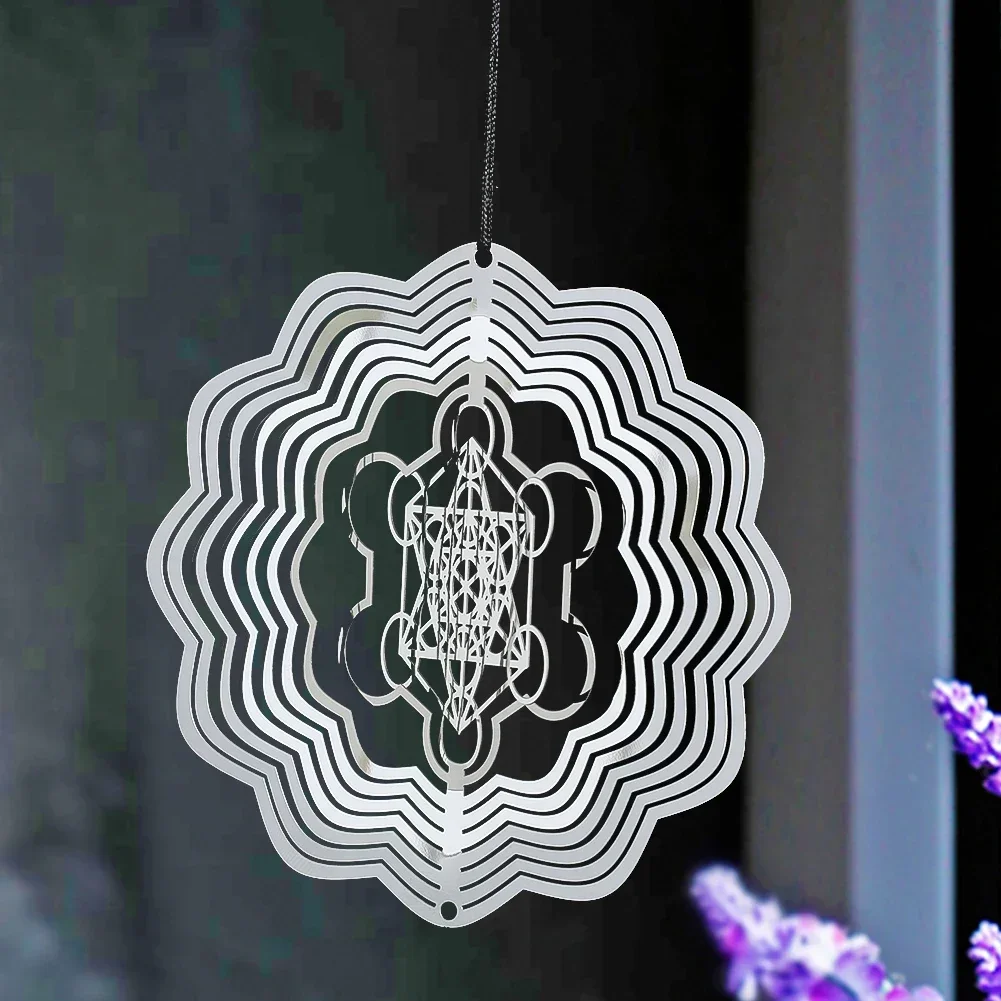 10cm Metatron 3D Wind Spinner Hanging Wind Chime Stainless Steel Mirror Reflective Flow Effect Garden Decoration Bird Repeller