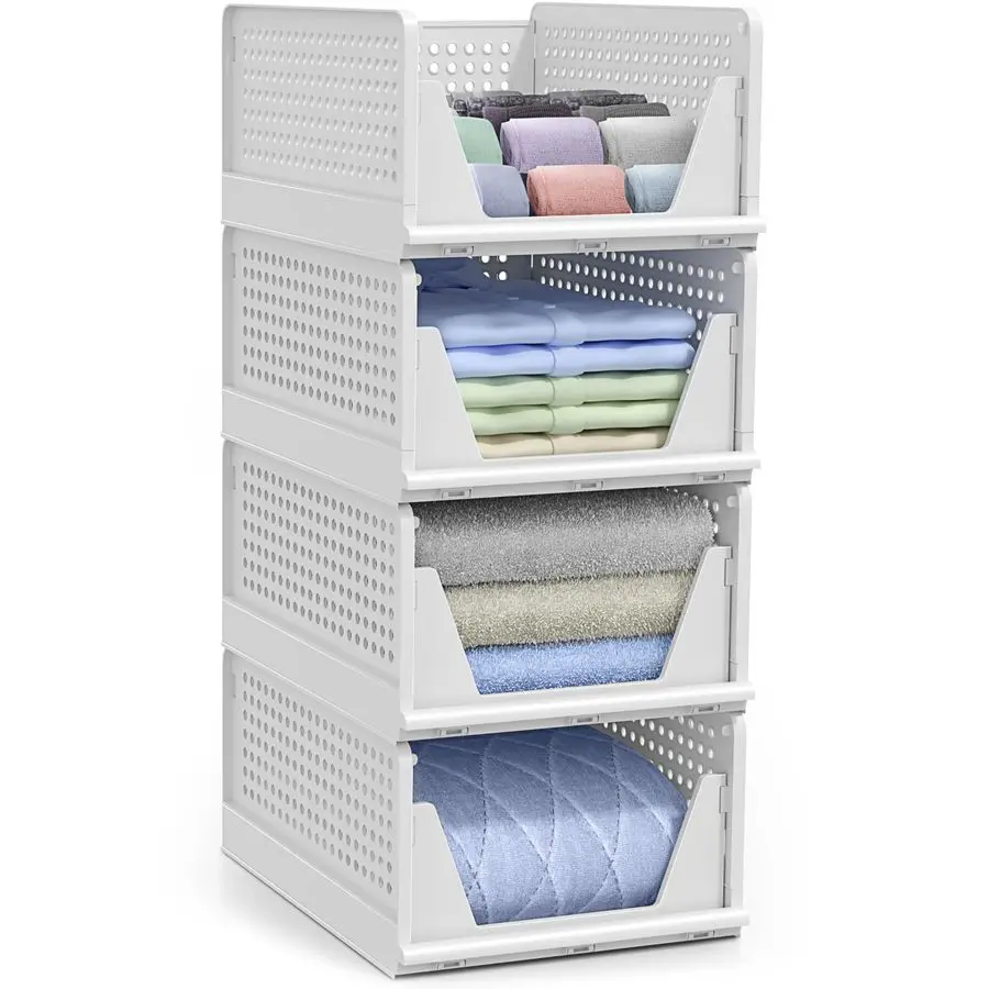 

4 Pack Medium Shelf Organizer with Open Front Design Under Shelf for Closet Bathroom Kitchen Garage Plastic Stackable Storage Ba