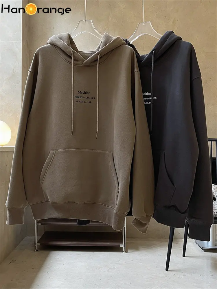 HanOrange 2024 Autumn Winter Sports Letter Hooded Sweatshirt Loose Warm Velvet Thick Hoodies Female Smoke Gray/Light Brown