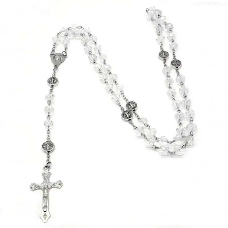 Crystal Beads Rosary Necklace Catholic Religious Gift Pendant Christian Prayer Long Chain for Women Men Jewelry F0T5