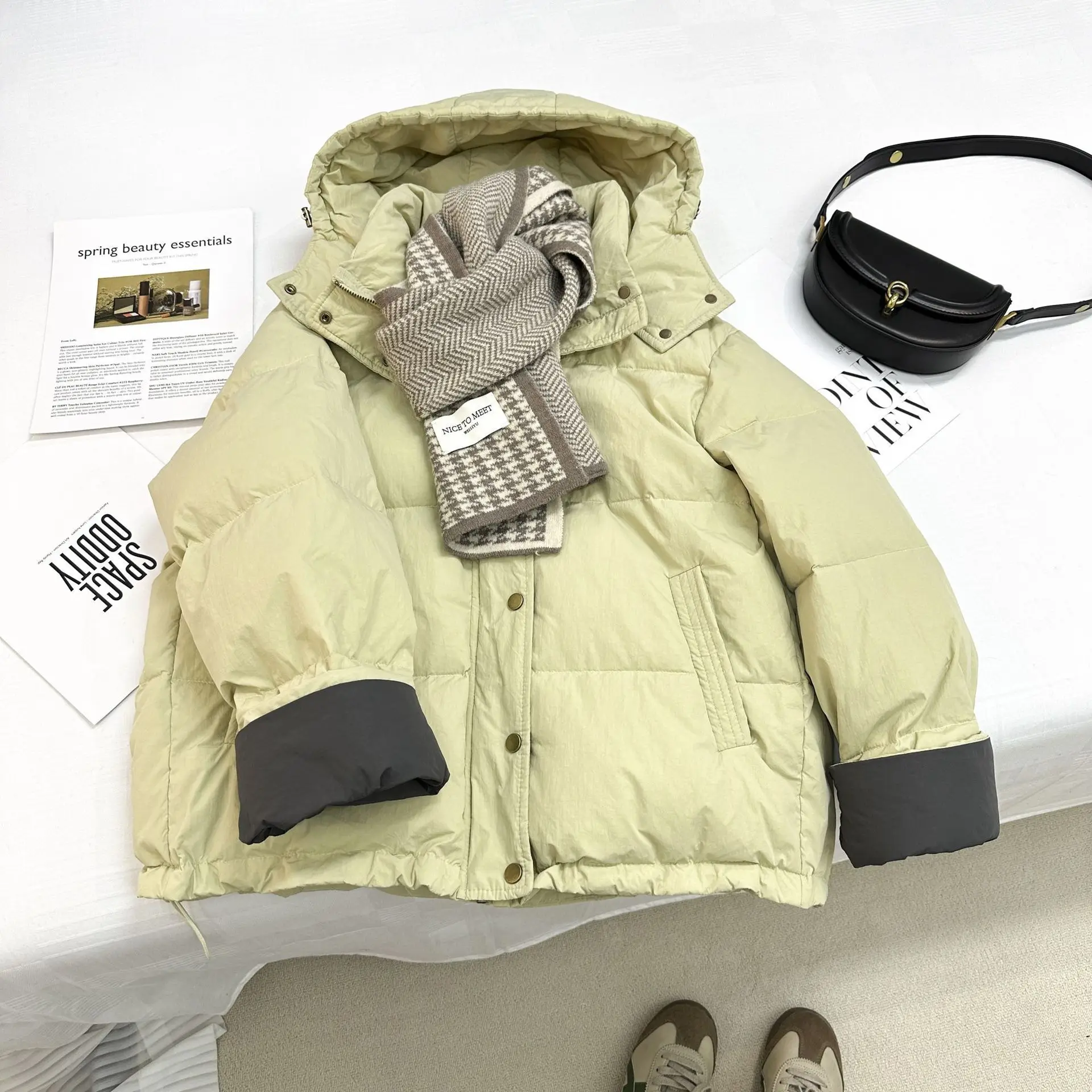 Stijlvol geelgroen winterkatoenen jas Dames losse casual jas met capuchon Trendy comfortabele modieuze bovenkleding