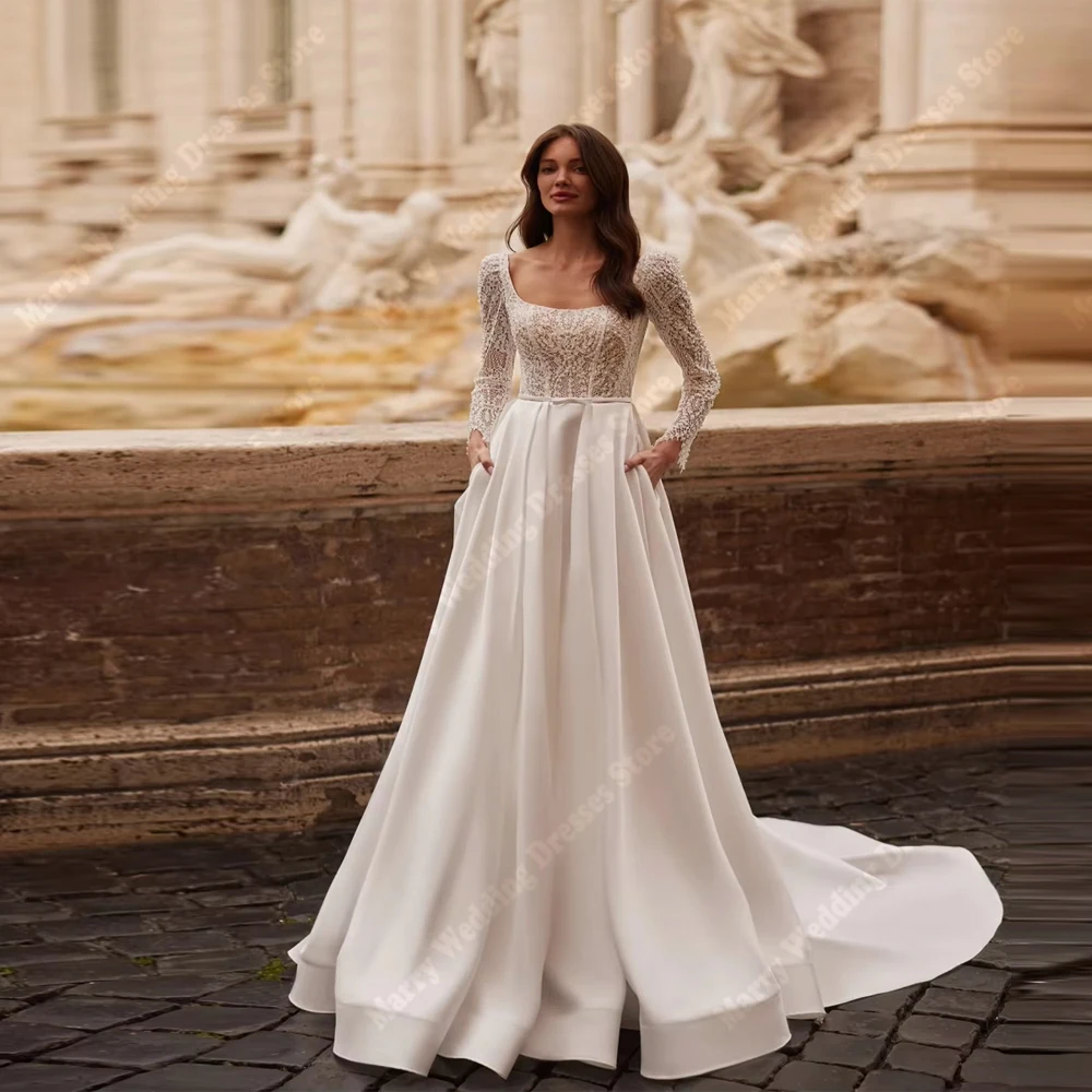 

2026 Square Collar A-Line Women Wedding Dresses Elegant Long Sleeves Bridal Gowns Engagement Banquet Vestido De Noiva Customized
