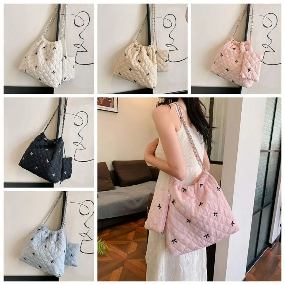 Korean Style Space Cotton Underarm Bag Bow Printing Plaid Rhombic Lattice Handbag Large Capacity Tote Bag Bubble Cloud Bag Girls