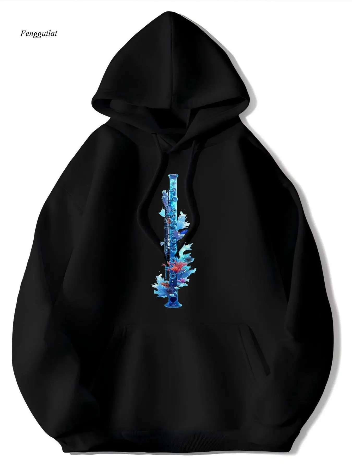 Clarinet Music Hoodie - Black Fleece Pullover Sweatshirt with Clarinet Graphic & Music Notes Print