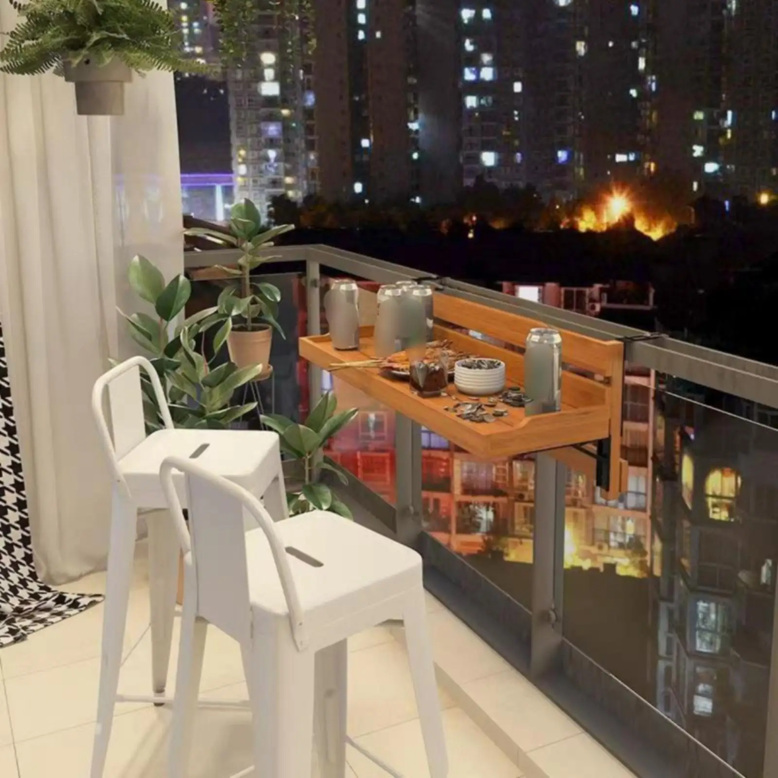 Foldable Balcony Railing Table Wooden Height Adjustable Furniture Railing Side Table for Outdoor Use