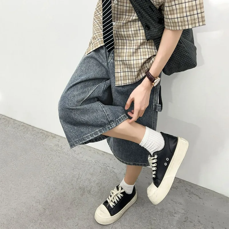 Shorts de Denim Retro de Verão para Homens, Jeans Casuais Largos e Soltos, Bermuda Masculina em Algodão Denim, Moda Streetwear