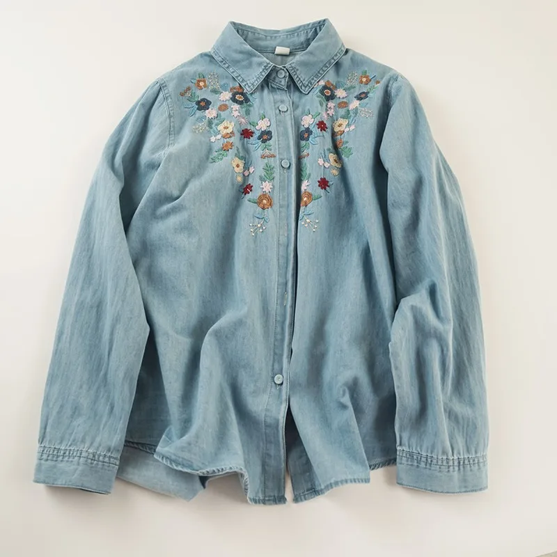 Women's Embroidery Jeans Jacket Washable Denim Long Sleeves Shirt Spring Autumn New Literary Cute Youthful Shirt Embroidery