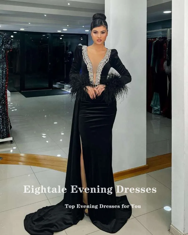 Eightale Caftan Vevet Evening Dresses Feather V Neck Mermaid Prom Gown Long Sleeves Burgundy Side Split Arabic Dubai Party Dress