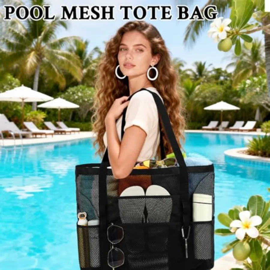 GYEUKHAM Mesh Beach Bag for Women, Sand-Resistant Pool Tote, 9 Pockets 1 Inner Zip,Foldable Family Travel Essentials