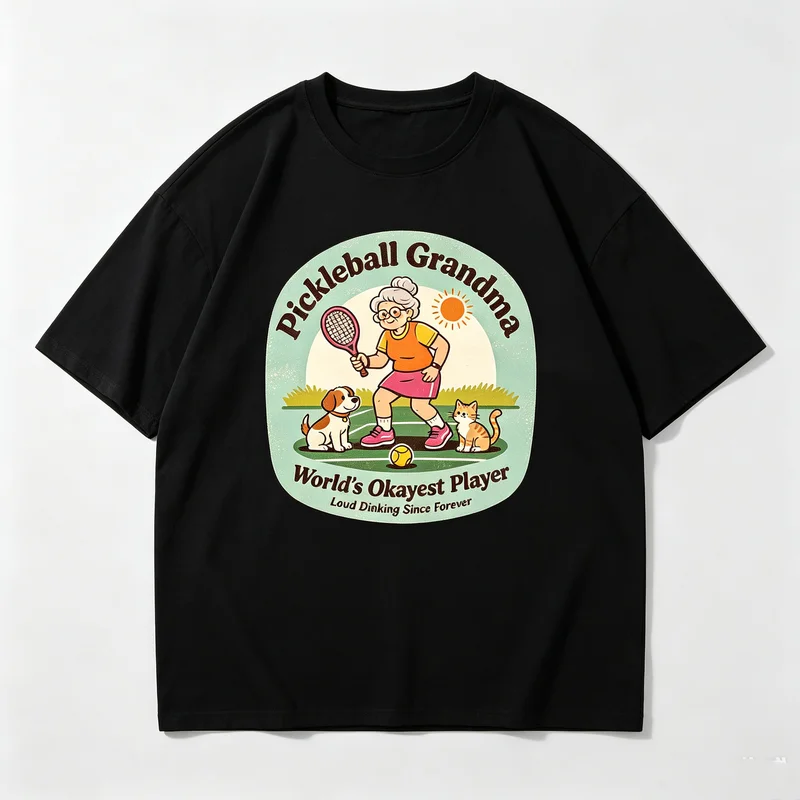 Pickleball Grandma Worlds Okayest Player Loud Dinking Since Forever Retro Cartoon Graphic T Shirt Women Casual Short Sleeve Tee