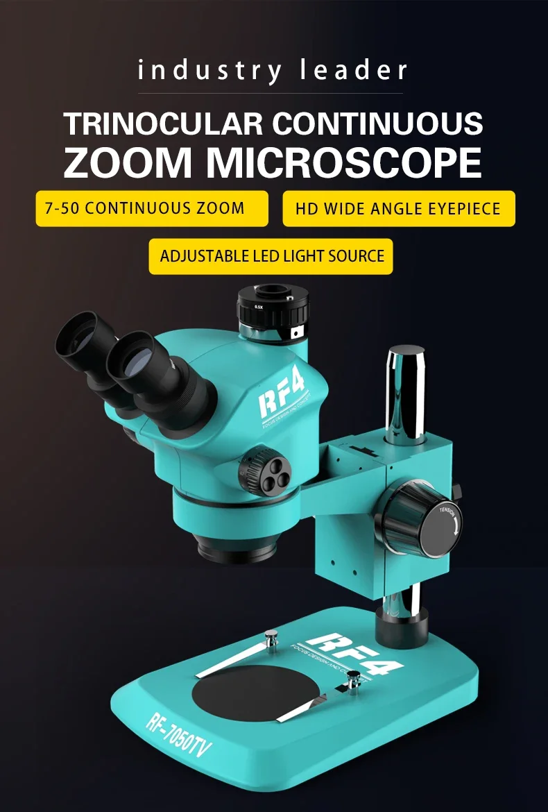 RF4 nuovo microscopio trinoculare testa 7-50X Simul focale Zoom continuo microscopio Stereo WF10X/22mm oculare telefono PCB saldatura