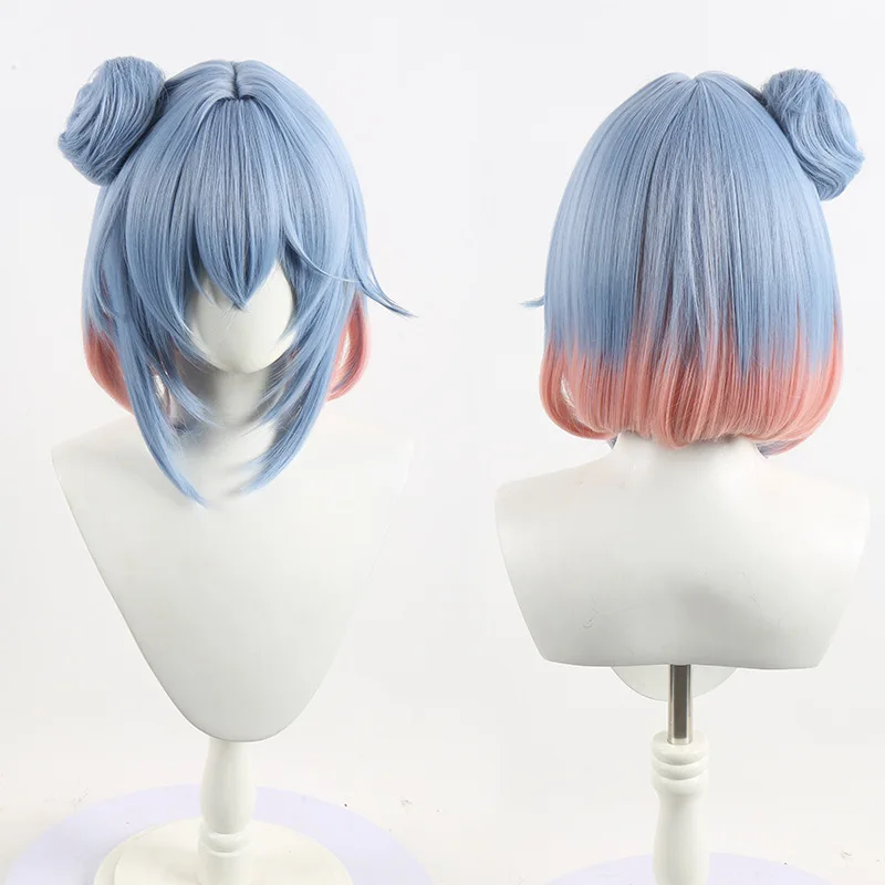 

Girls Pastel Blue Pink Ombre Cosplay Wig with Bun Short Layered Bangs Wig for Anime Game Character Heat-Resistant Synthetic Hair