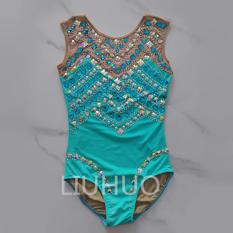 LIUHUO Rhythmic Gymnastics Leotards Shiny Colored Diamond Crew Neck Sleeveless Girls Competition Training Blue Color