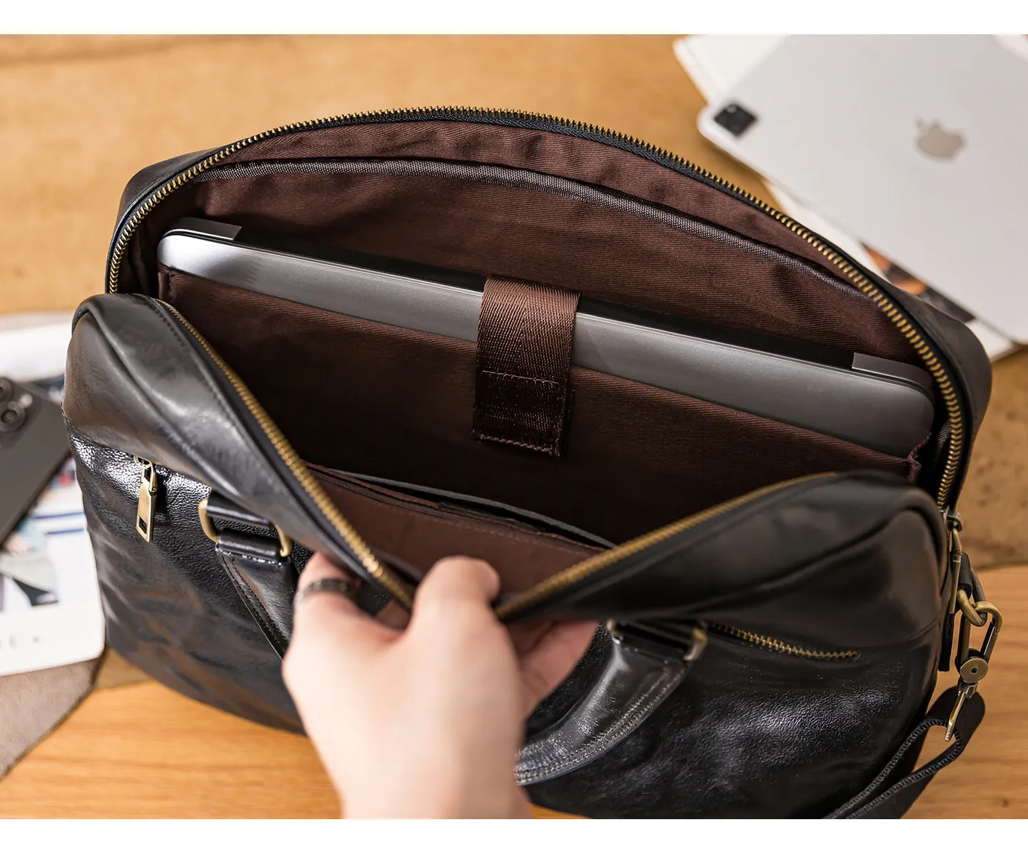 business casual high quality genuine leather men's black briefcase fashion luxury handmade real cow leather work laptop handbag