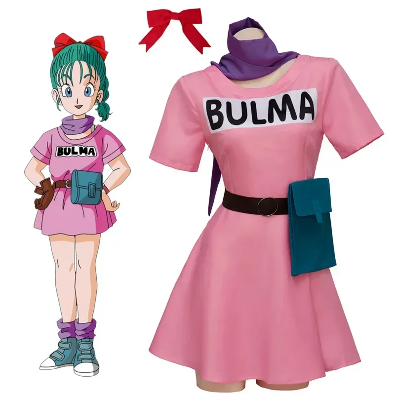 

Костюм для косплея Bulma Женский, полный комплект из розового платья, фиолетового шарфа на поясе и сумки, костюм для косплея на Хэллоуин