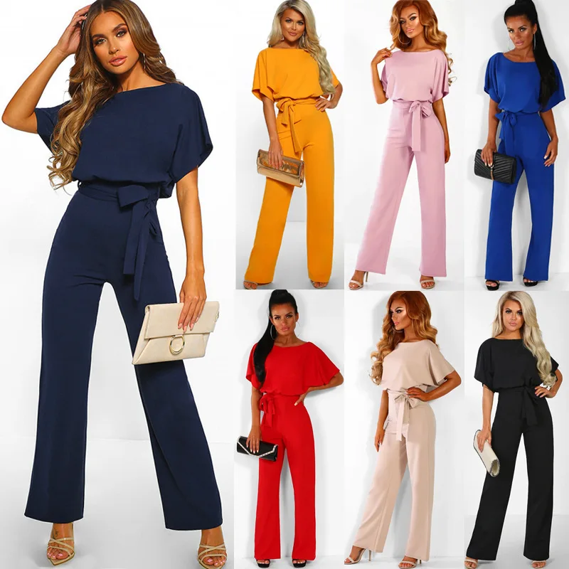 

Summer 2024 Women's Short Sleeve Onesie Button Waist High Waist Straight Leg High Waist Long Pants Polyester Fiber