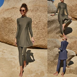 Women Muslim Islamic Conservative Swimsuit Solid Color Long-sleeved Trousers Full Cover Swimwear Burkini Bathing Suit