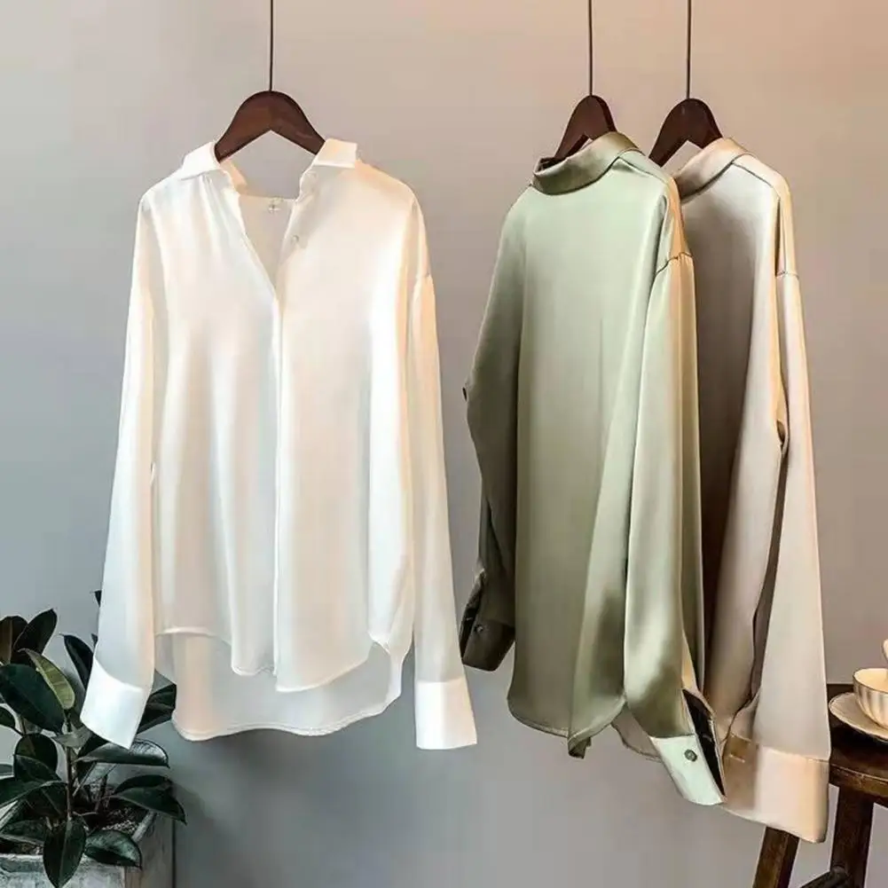 Women Shirt Solid Color Blouse Long Sleeve Shirt Lapel Smooth Silky Satin Shirt Women's Shirt Mid-length OL Commute Blouse