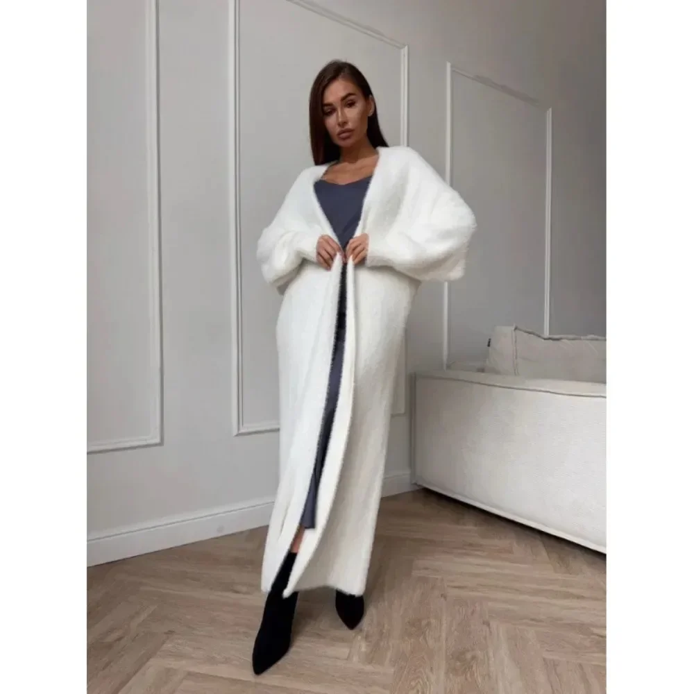 Women White Faux Mink Velvet Long Knit Cardigan Coat Fluffy Loose Autumn Winter Streetwear Chic Ladies Outerwear