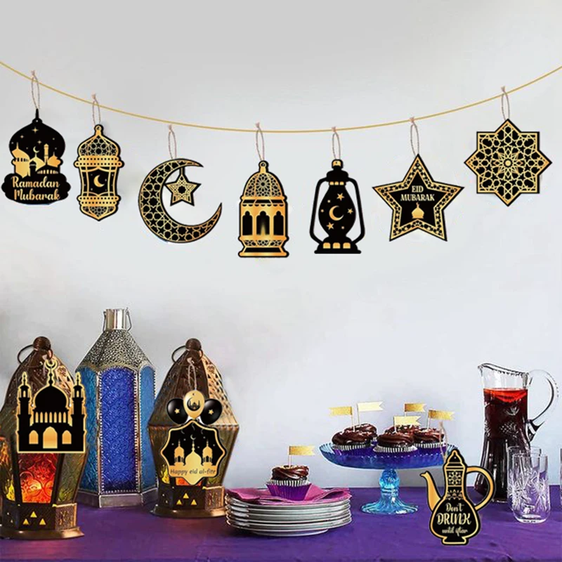 12 قطعة عيد مبارك خشبية معلقة الحلي رمضان كريم القمر دلاية شكل نجمة 2026 الإسلامية الشاش معلقة لوازم الحفلات