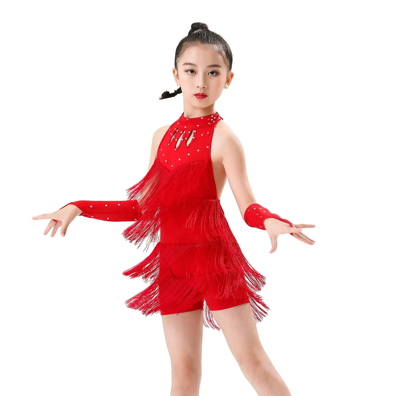 3-15 Years Children Tassel Latin Dress Training Dancewear Sequin Stage Performance Costume Competition Dancing Clothes