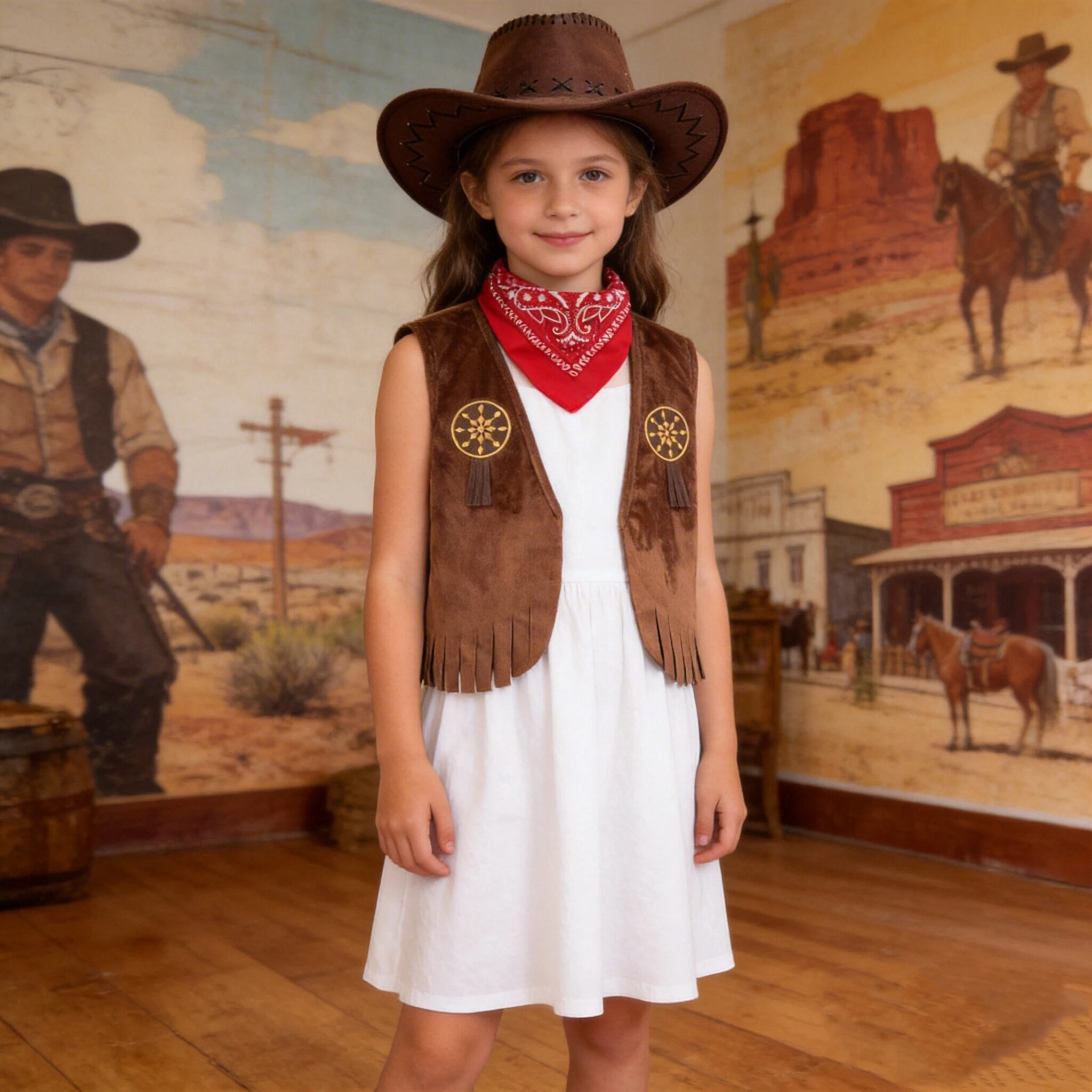 Kids Cowboy Brown Fleece Cowboy Vest with Bandanna & Hat Set Children Western Role Play Costume Holiday Party Performance Outfit view 3