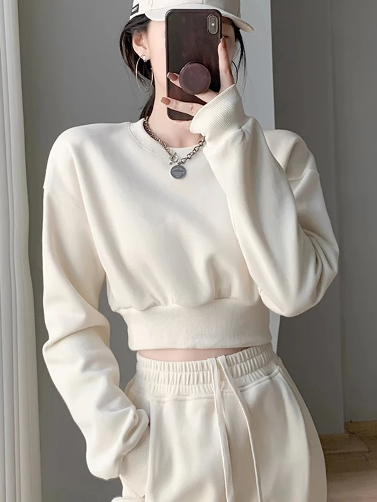 Lockerer langer Rundhals-Sweatshirt für Damen, Frühling/Herbst, neues Design, Bauchfreier Schnitt, koreanische Version, Top-Trend