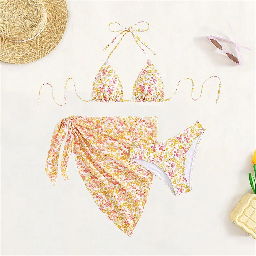 

Cute Floral Bikini Halter String Swimsuit Vacation Swimwears Cover Up Women Beach Summer Outfit Bathing Suit Traje De Bano Mujer