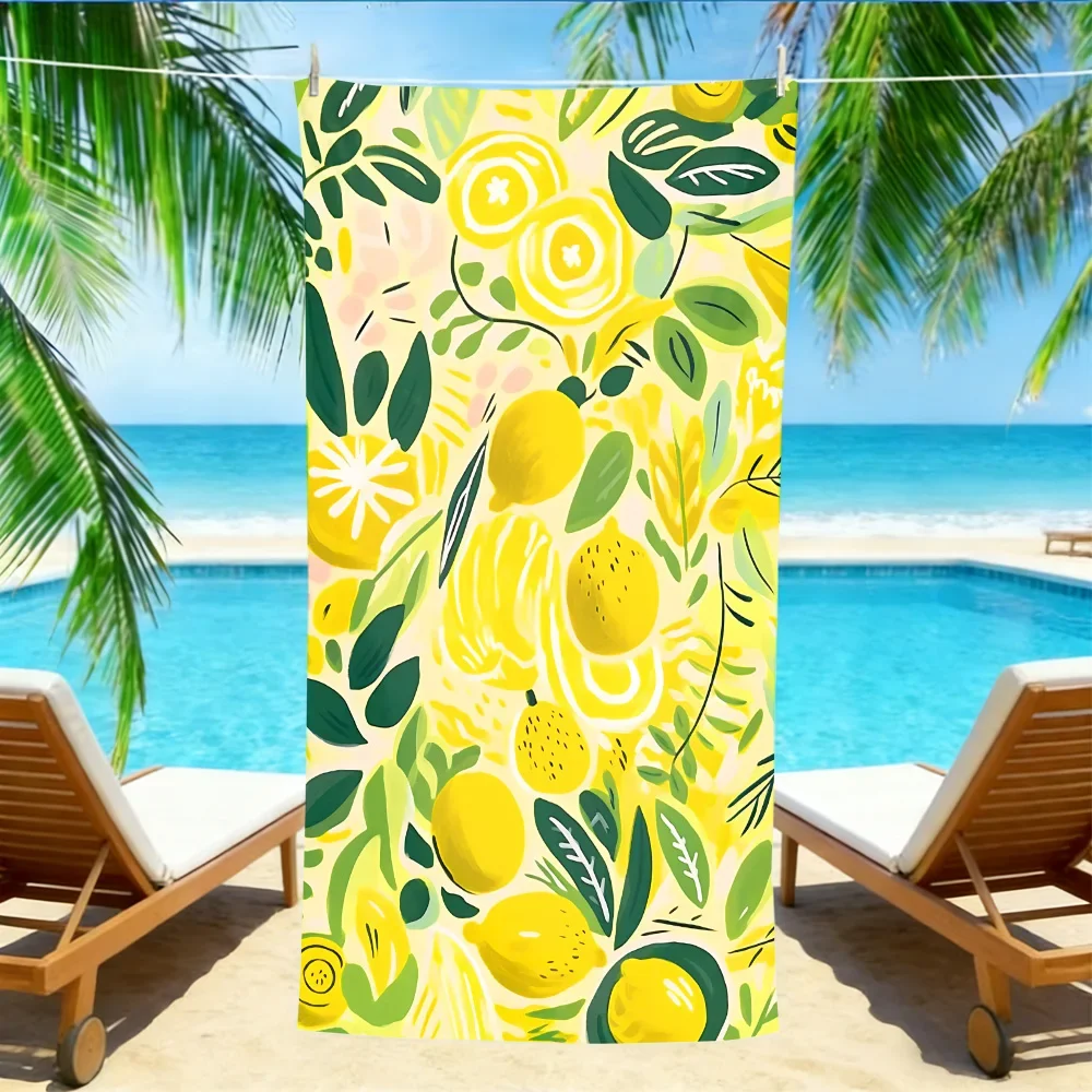 Lemon Illustration Beach Towel – Oversized Quick Dry Sand Free with Tropical Leaf Print